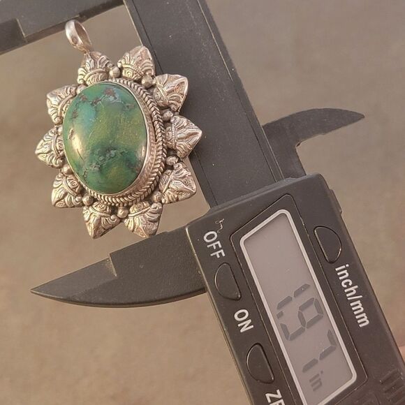 Vintage Royston Sterling Blue Green Brown Turquoise Flourish Bezel Pendant - Picture 10 of 13